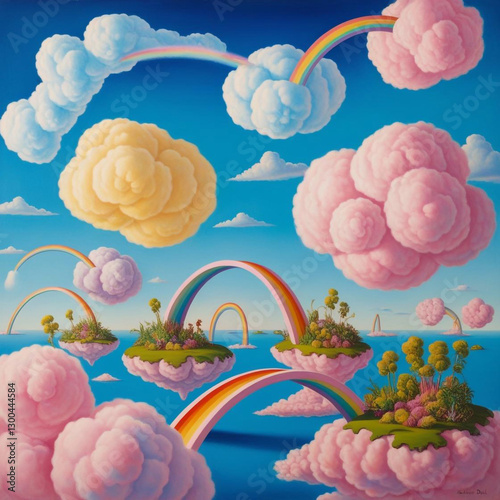 A surreal landscape where clouds are made of cotton candy and rainbows are bridges