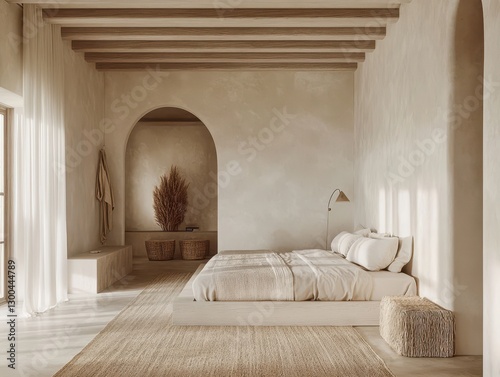 Bedroom in shades of cream and beige is well lit