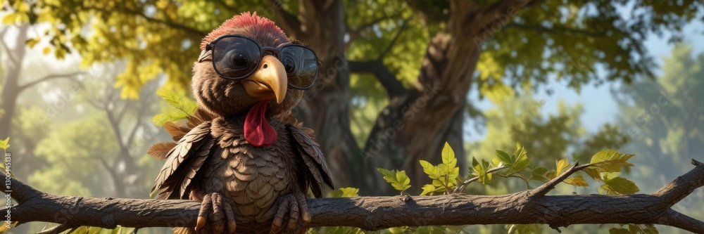 Fototapeta premium Cool turkey wearing shades on a tree branch, with leaves and branches in background, earthy, nature, natural
