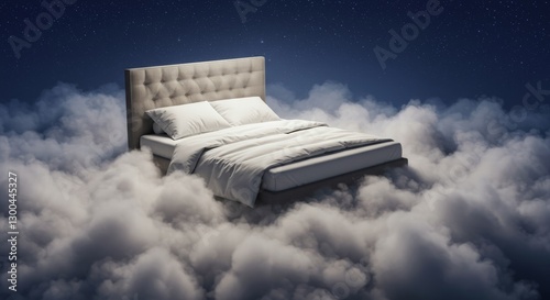 Serene escape a luxurious bed afloat on a sea of clouds beneath a starlit sky