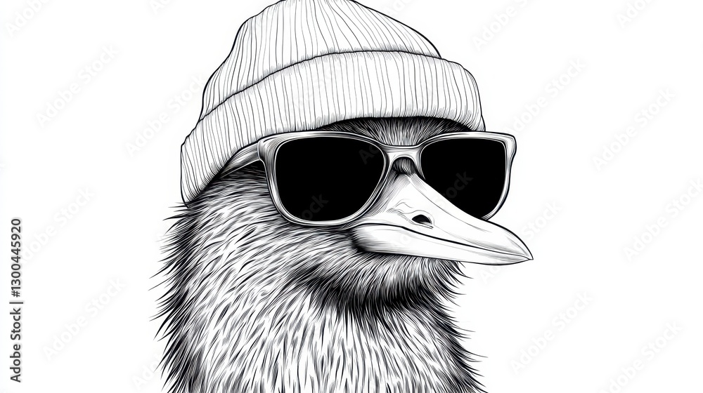 Obraz premium Monochrome Emu in Knit Beanie and Sunglasses