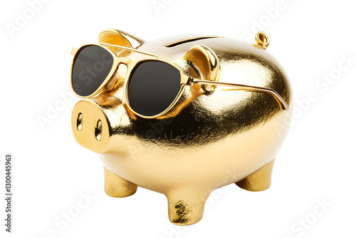 Golden piggy bank with sunglasses Isolated on white background.