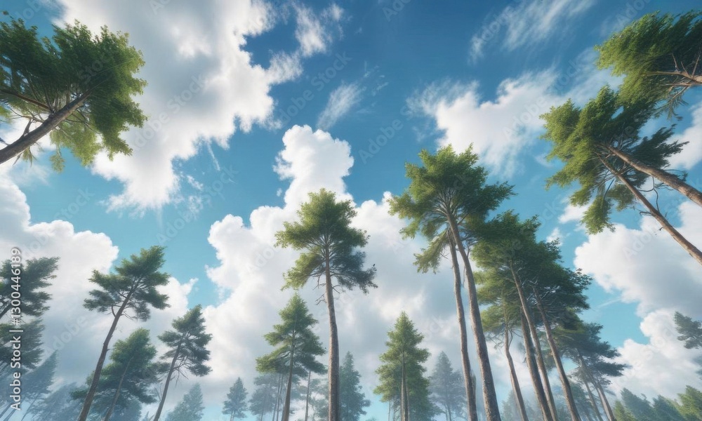 Dreamy watercolor scene of tall trees against a blue sky with fluffy white clouds, blue sky, surreal Dreamy watercolor scene of tall trees against a blue sky with fluffy white clouds, blue sky, surreal