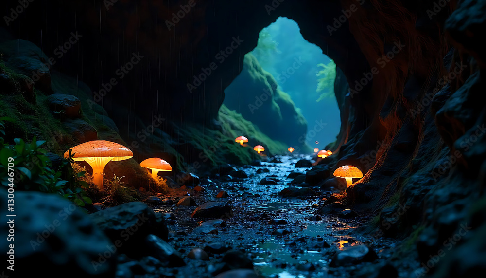 Fototapeta premium Dark Cave Entrance with Glowing Fungi on a Rainy Autumn Night, created with generative ai