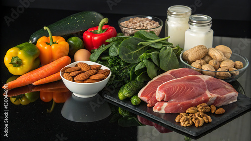 Paleodiet (Stone Age Diet) - meat, fish, eggs, vegetables, fruits, nuts, seeds, herbs, mushrooms, natural oils (olive, coconut, avocado), honey. Great for advertising fitness, restaurants and healthy 