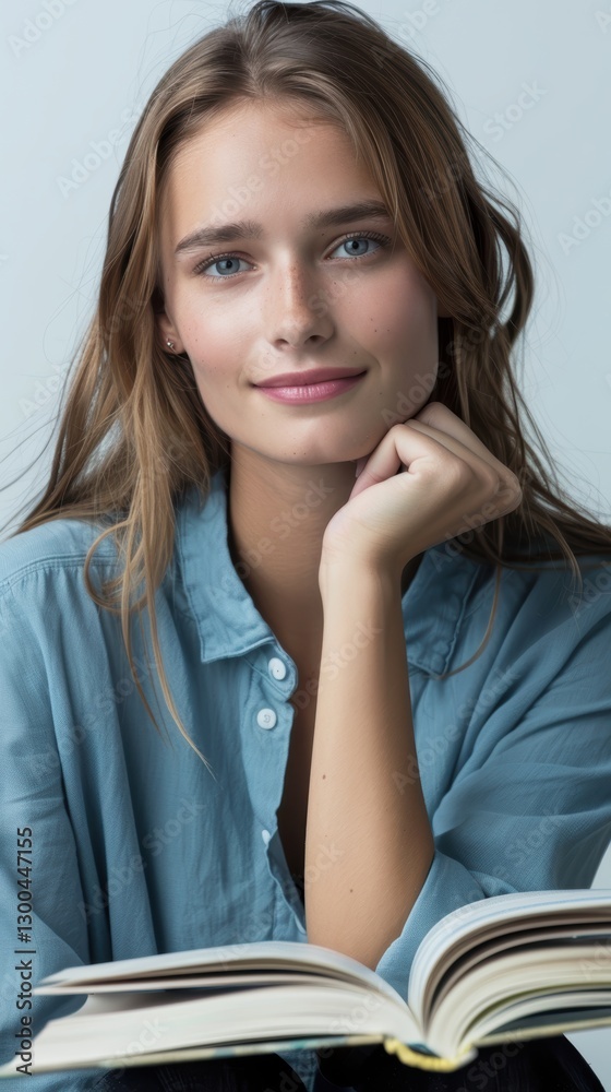 Young Woman with Long Hair Smiling While Posing with Open Book Young Woman with Long Hair Smiling While Posing with Open Book