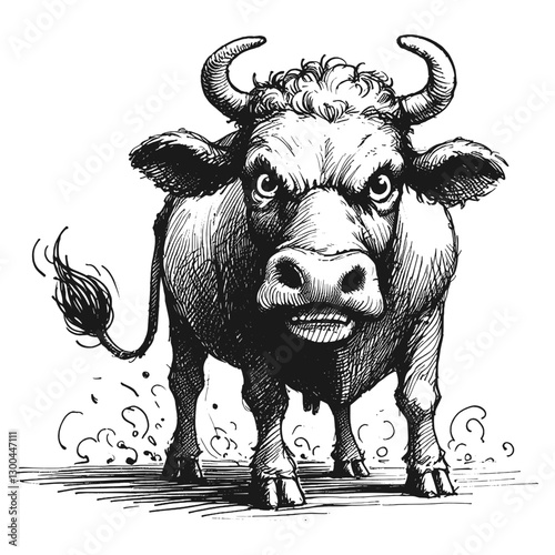 Cow angry line art drawing ink sketch vector hand drawn illustration background searing glare the look of displeasure