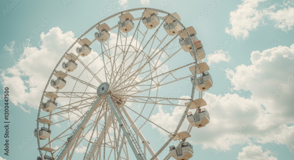 Fototapeta premium A majestic white ferris wheel reaches towards the sky against a backdrop of clouds