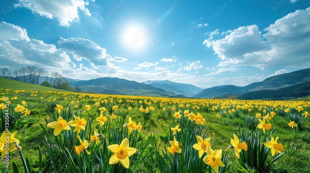 Fototapeta premium Vibrant Spring Landscape with Bright Yellow Daffodils Under Sunny Sky and Dramatic Mountains in Background