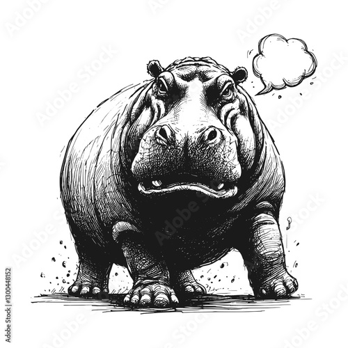 Hippo angry line art drawing ink sketch vector hand drawn illustration background cranky and crossed a bad mood in focus