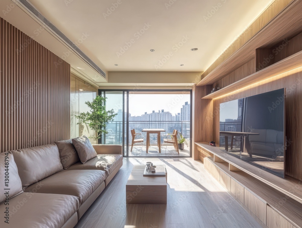 Fototapeta premium A modern living room features wooden accents and elegant design elements