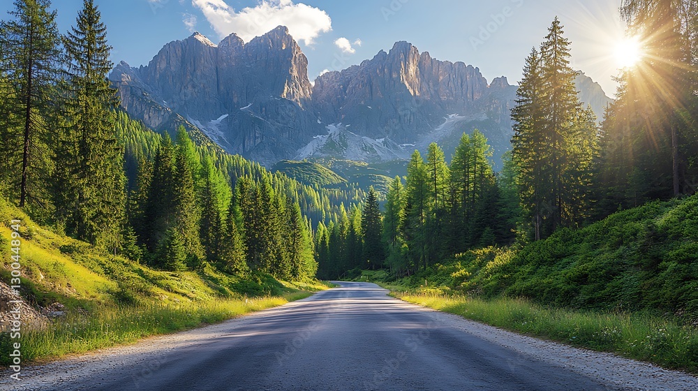 A scenic mountain road in the Dolomites, with tall green pines and mountains in view. The sun is shining brightly over it. A scenic mountain road in the Dolomites, with tall green pines and mountains in view. The sun is shining brightly over it.