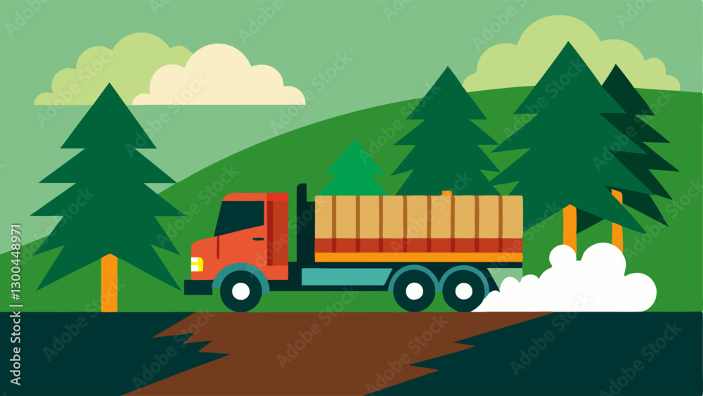 Obraz premium Tree Logging A large logging truck loaded with trees driving through a lush green forest leaving behind a trail of destruction and fallen branches.