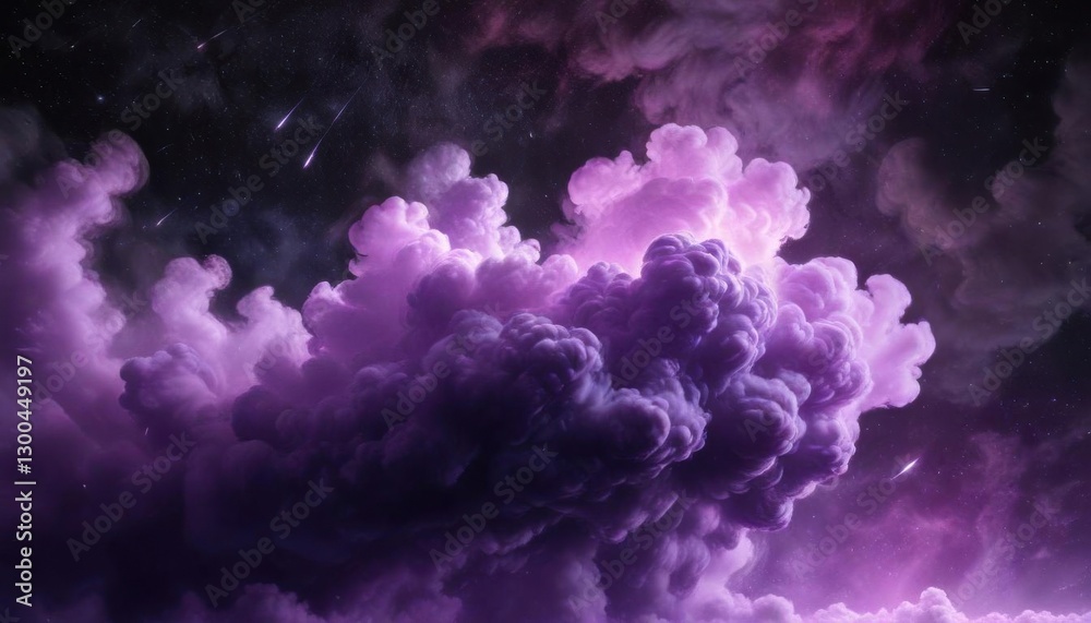 Fototapeta premium Interstellar clouds of purple smoke float through dark, starry space , dark space, otherworldly holographic texture set