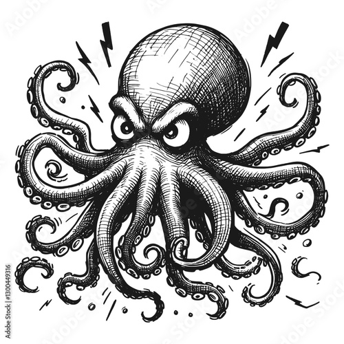 Octopus angry line art drawing ink sketch vector hand drawn illustration background burning temper a moment of rage