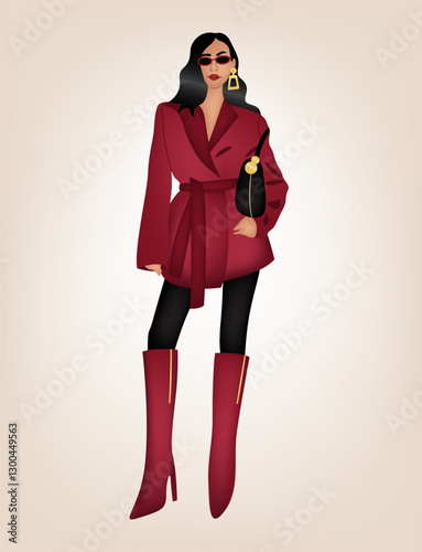 Illustration of fashionable stylish diva girl on light gray background.