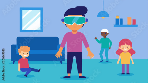 Virtual Reality in the Living Room A child wearing virtual reality goggles oblivious to the realworld around them with furniture and family members moving around them completely