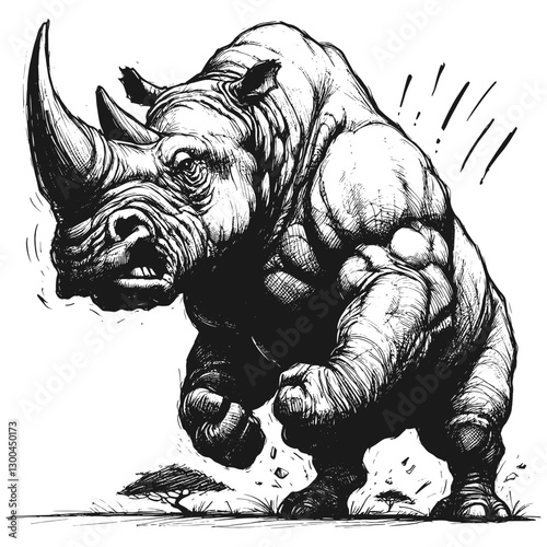 Rhino angry line art drawing ink sketch vector hand drawn illustration background burning temper a moment of rage