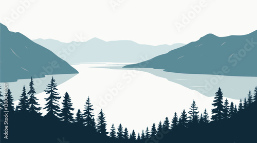 Outline Scandinavian fjord landscape simple and elegant vector drawing.