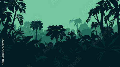 Outline jungle landscape with tropical leaves simple monochrome vector.