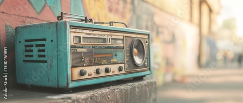 Vintage retro boombox rests against colorful graffiti wall in urban street setting