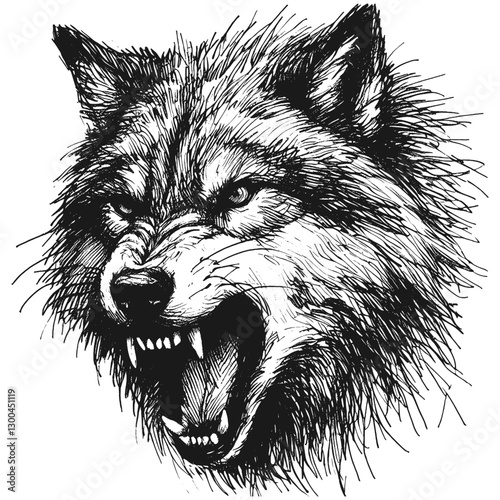 Wolf angry line art drawing ink sketch vector hand drawn illustration background stormy emotions portrait of anger