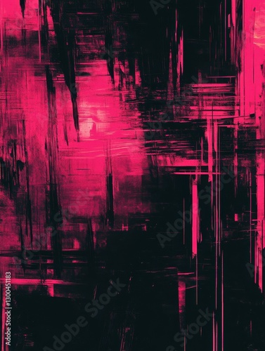 A vibrant digital art abstract background featuring a dark, glitchy texture with vibrant neon pink accents. It symbolizes digital disruption, technological innovation, the future of technology, and t