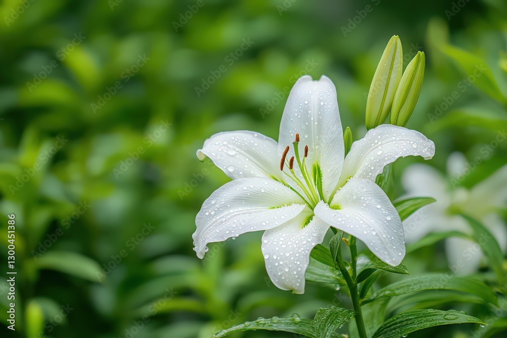 White Lily with Dew Drops, Close-up White Lily with Dew Drops, Close-up