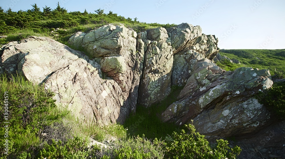 Rugged coastal landscape with massive granite boulders and lush vegetation. Rocky shoreline scenery. Nature, geology, and outdoor adventure concept for travel or environmental themes Rugged coastal landscape with massive granite boulders and lush vegetation. Rocky shoreline scenery. Nature, geology, and outdoor adventure concept for travel or environmental themes