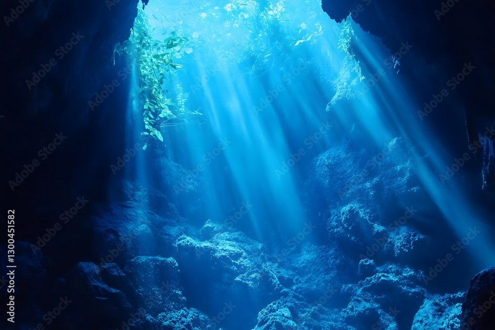 Obraz premium Underwater cave with sunbeams penetrating deep blue water. Majestic ocean scene with rocky formations and coral. Diving adventure, marine life, nature exploration concept. Serene aquatic environment