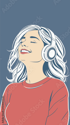 Outline drawing of a woman listening to music with headphones relaxed vibe.