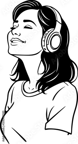 Outline drawing of a woman listening to music with headphones relaxed vibe.