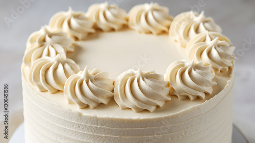 A decadent cake, topped with beautiful buttercream swirls. The smooth, creamy frosting complements the simple elegance. Perfect for any special occasion.