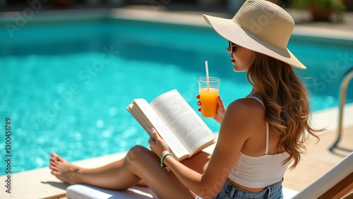 poolside woman reading book juice relax