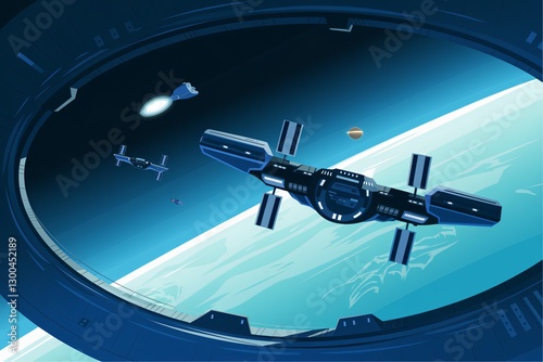 Wallpaper Mural Futuristic Space Station with Multiple Spacecraft and Planets in Orbit. Torontodigital.ca