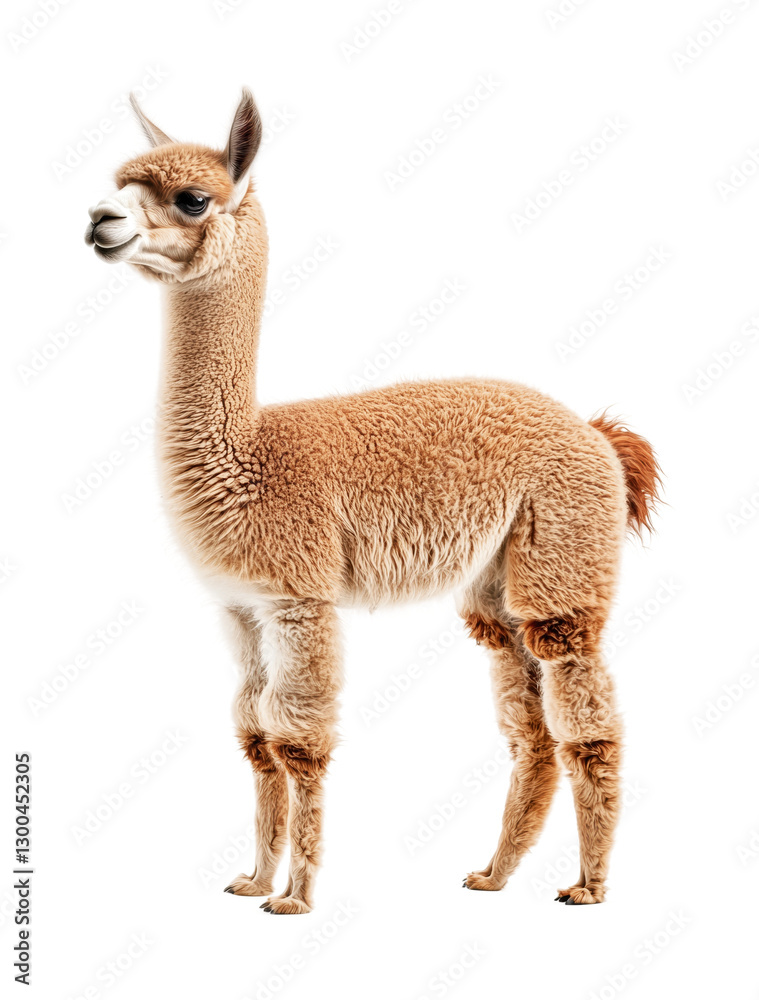 Fototapeta premium Adorable young llama stands proudly against a plain white background demonstrating its charming features and fluffy coat, cut out