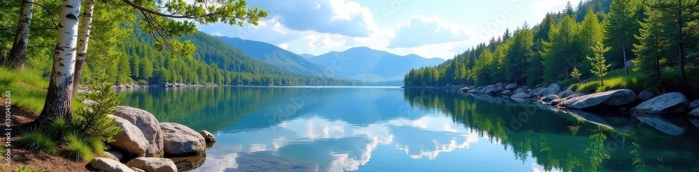 Naklejka premium Clear lake reflecting sky, rocky shoreline, birch trees, NorthernEurope, view, cottage