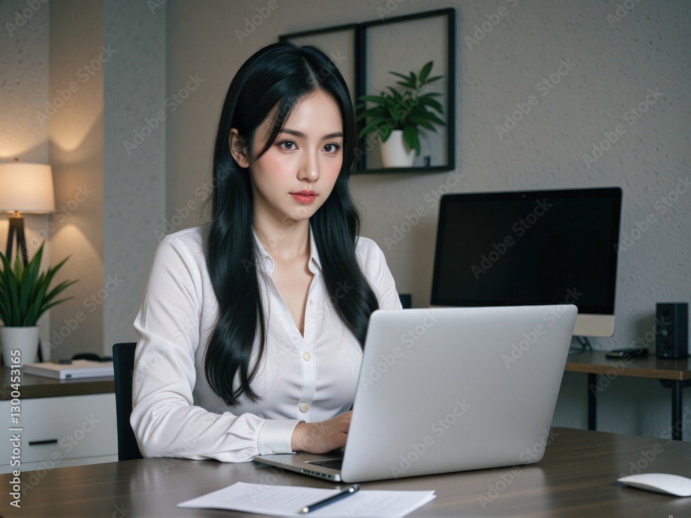 businesswoman in a sharp outfit, smiling confidently while typing on her laptop, sitting at a stylish desk in a modern office with glass partitions and greenery businesswoman in a sharp outfit, smiling confidently while typing on her laptop, sitting at a stylish desk in a modern office with glass partitions and greenery