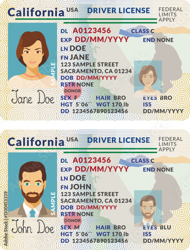Vector template of toy driver license plastic card for USA California