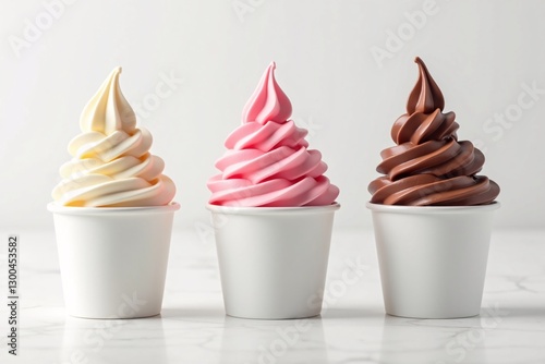 Photorealistic Soft-Serve Ice Cream Trio in White Cups – Chocolate, Vanilla, and Strawberry Flavors on a Clean, Minimalist Background with Soft Lighting