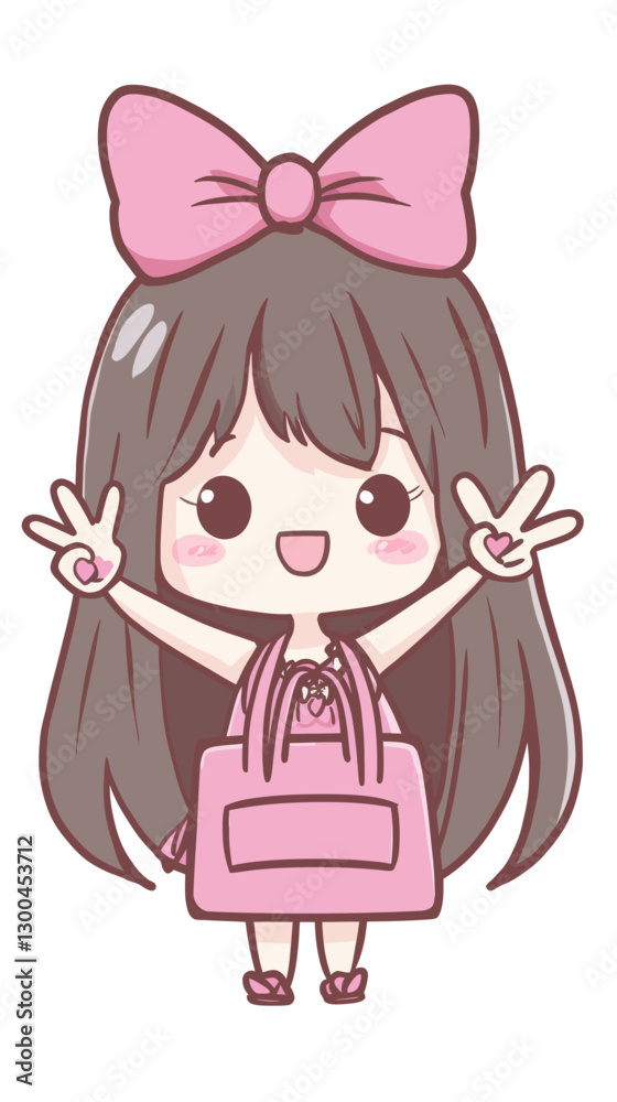Chibi Anime Character with Pink Bow and Bag Making Peace Sign Illustration Chibi Anime Character with Pink Bow and Bag Making Peace Sign Illustration