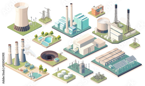 Isometric Energy Production: Power Plants, Nuclear, Hydro, Geothermal, and Wind Stations