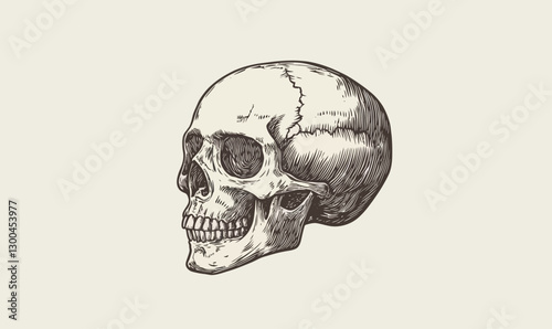 Woodcut Style Human Skull Vector Engraving Illustration for Minimalist Design Concepts
