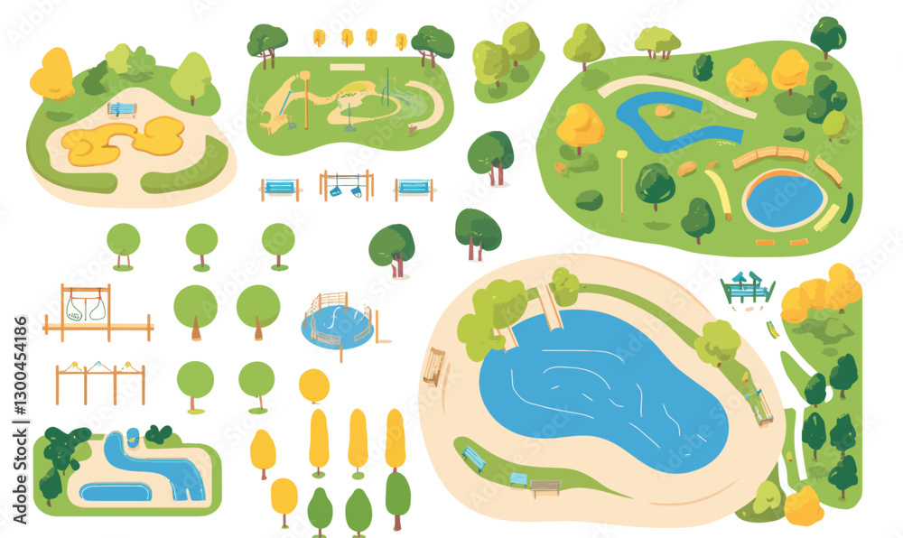 Naklejka premium Isometric Park Elements Vector Set for Minimalist Landscape Design Projects