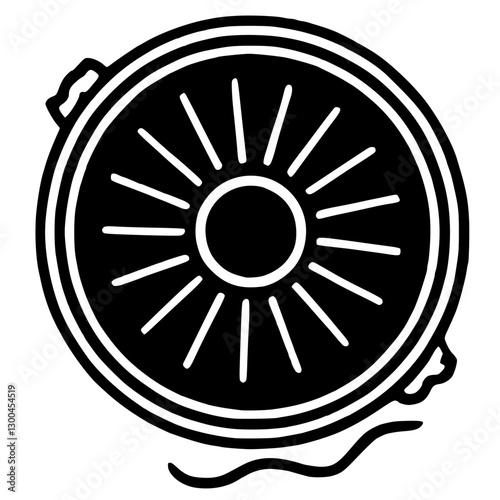 Black and white illustration of a circular device with radial lines emanating from the center, resembling a sunburst or reflector.