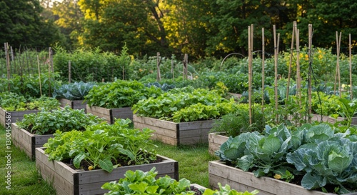 Eye-level view of flourishing vegetable garden with raised wooden beds and lush crops
