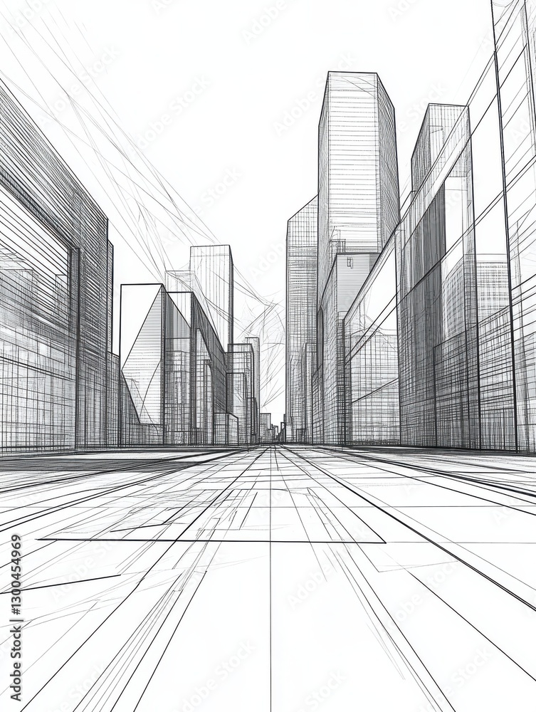 Fototapeta premium abstract modern urban landscape line drawin.3D illustration Imagination architecture building construction perspective design.