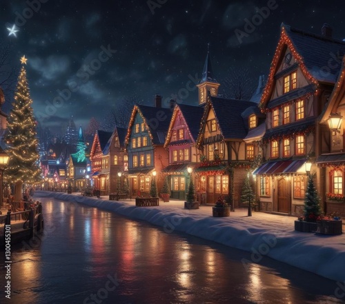 Christmas village scene with festive buildings and colorful lights, christmas,  holly,  snowflakes