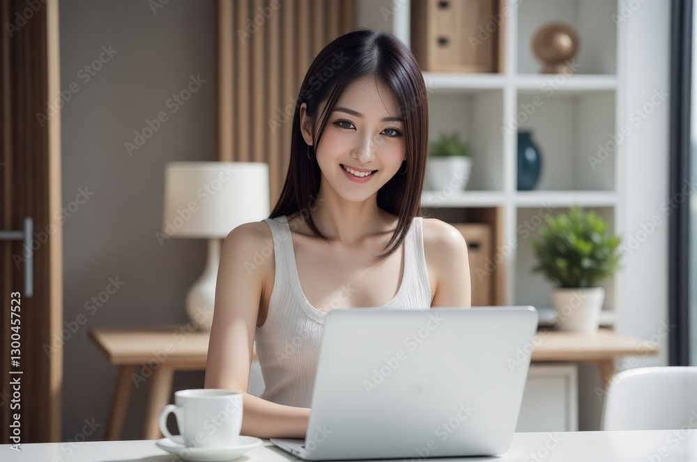 Smiling Asian Woman Working on Laptop at Home Office with Coffee, Remote Work Concept, Stock Photo Smiling Asian Woman Working on Laptop at Home Office with Coffee, Remote Work Concept, Stock Photo