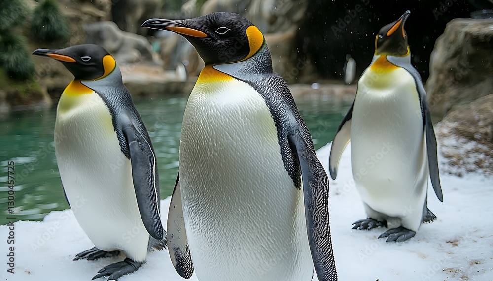 Fototapeta premium Penguins on Snow by Pool at Wildlife Enclosure